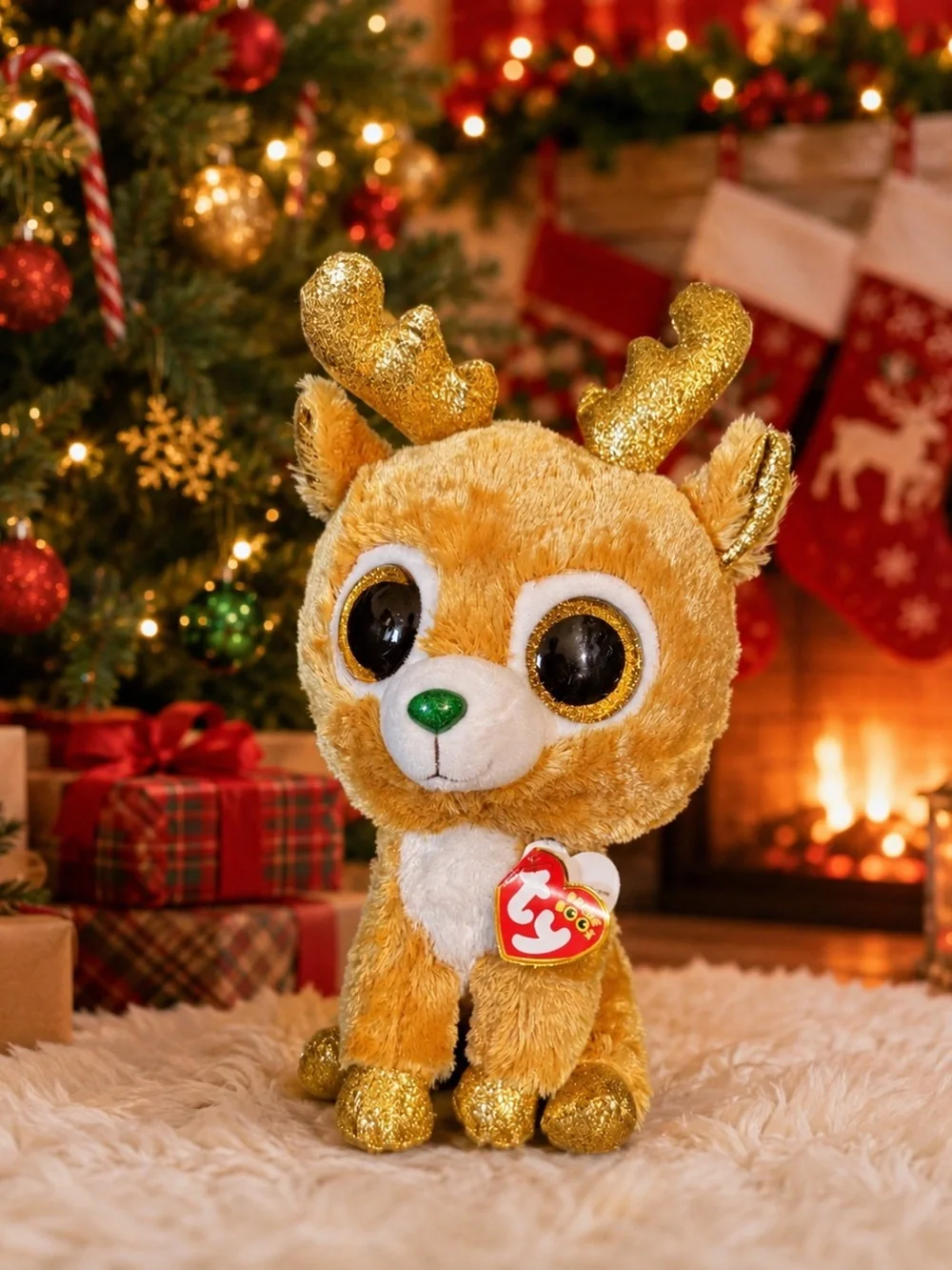 Ty Beanie Glitzy Reindeer Plush Reindeer Toy with Gold Accents
